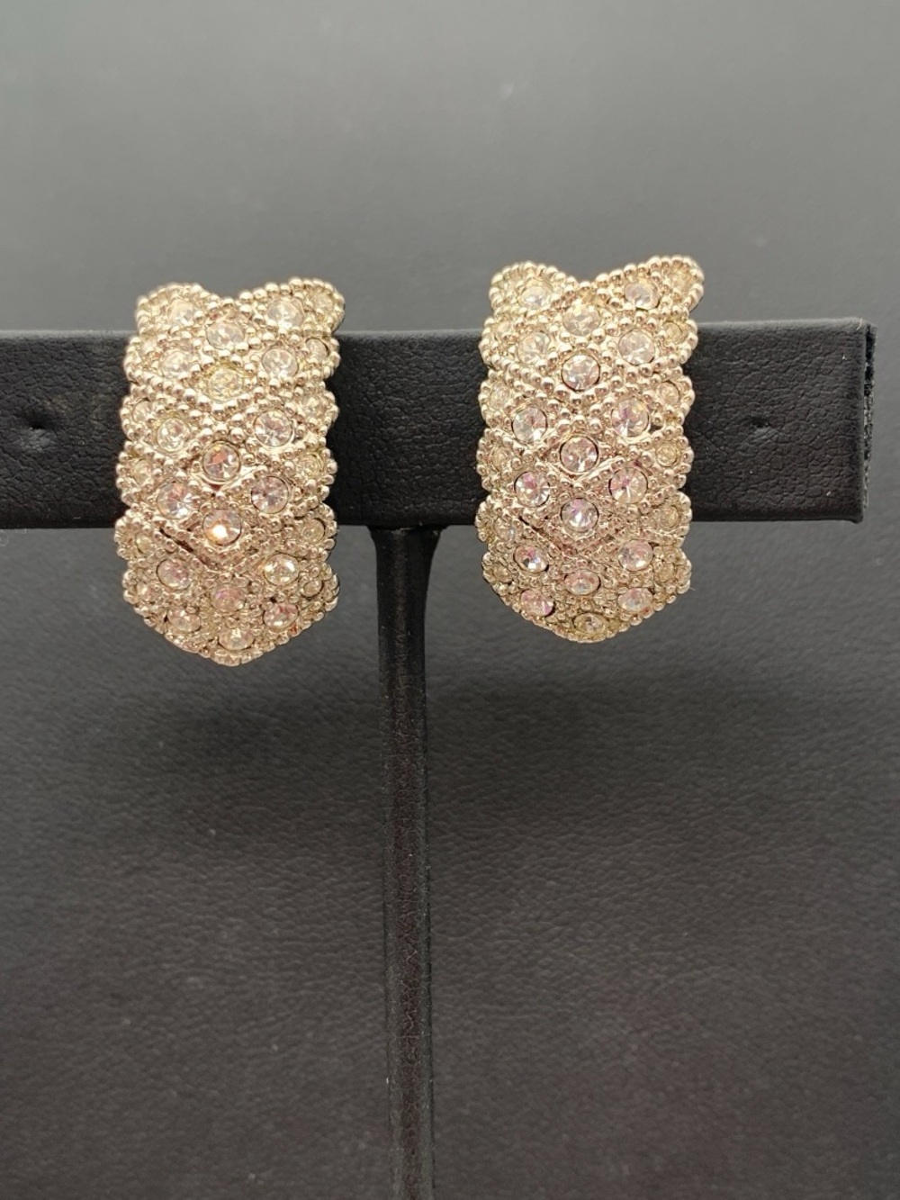 Silver Tone Crystal half Hoop clip on Earrings - Sparkling